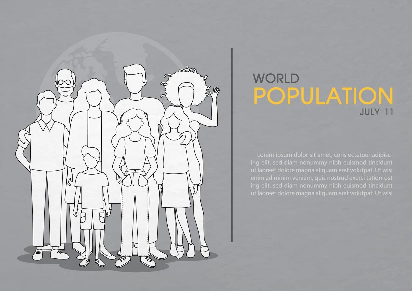 Group of people in flat and outline style with the day and name of event, example texts on global and gray paper pattern background. vector