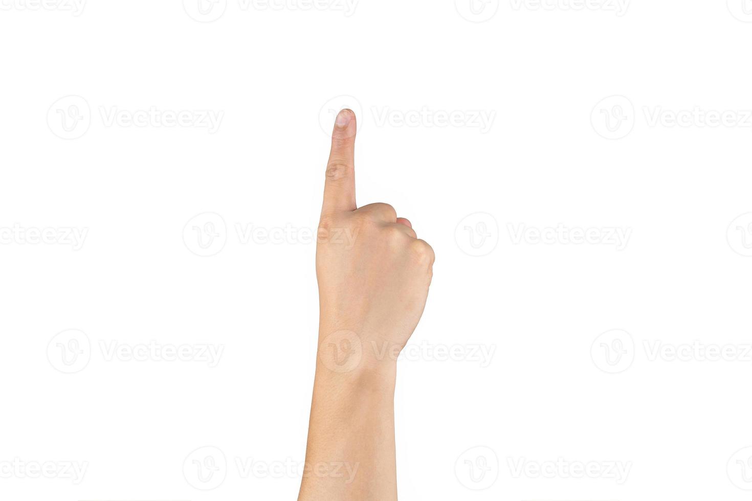 Asian back back hand shows and counts 1 one sign on finger on isolated white background. Clipping path photo