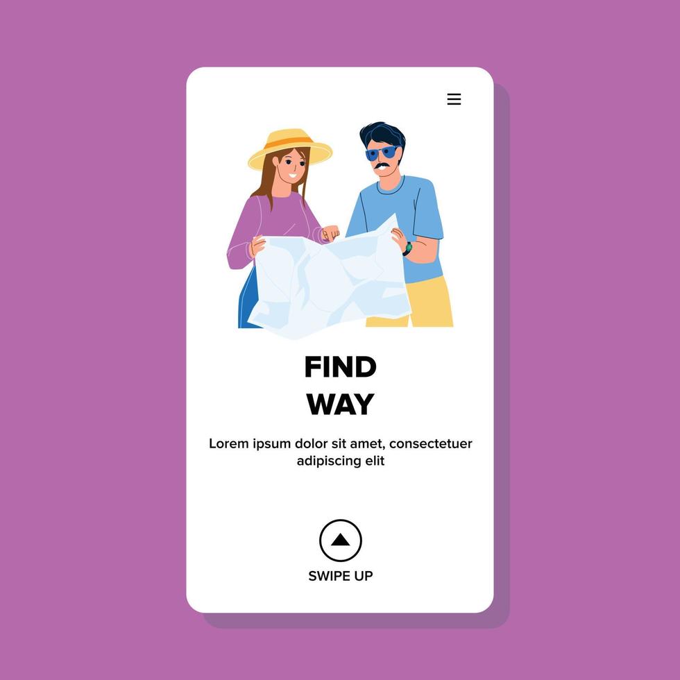 Tourists Couple Search And Find Way On Map Vector