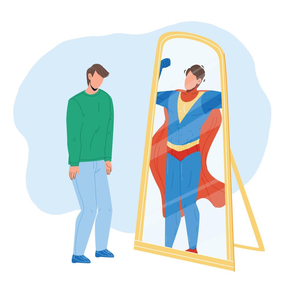 hombre viéndose a sí mismo en el espejo como vector de superhéroe