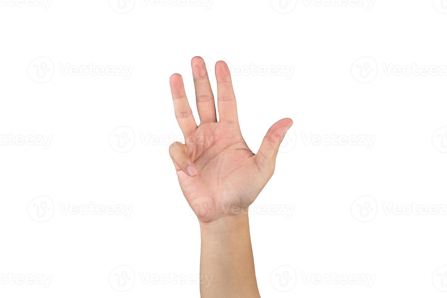 Asian hand shows and counts 9 finger on isolated white background with clipping path photo