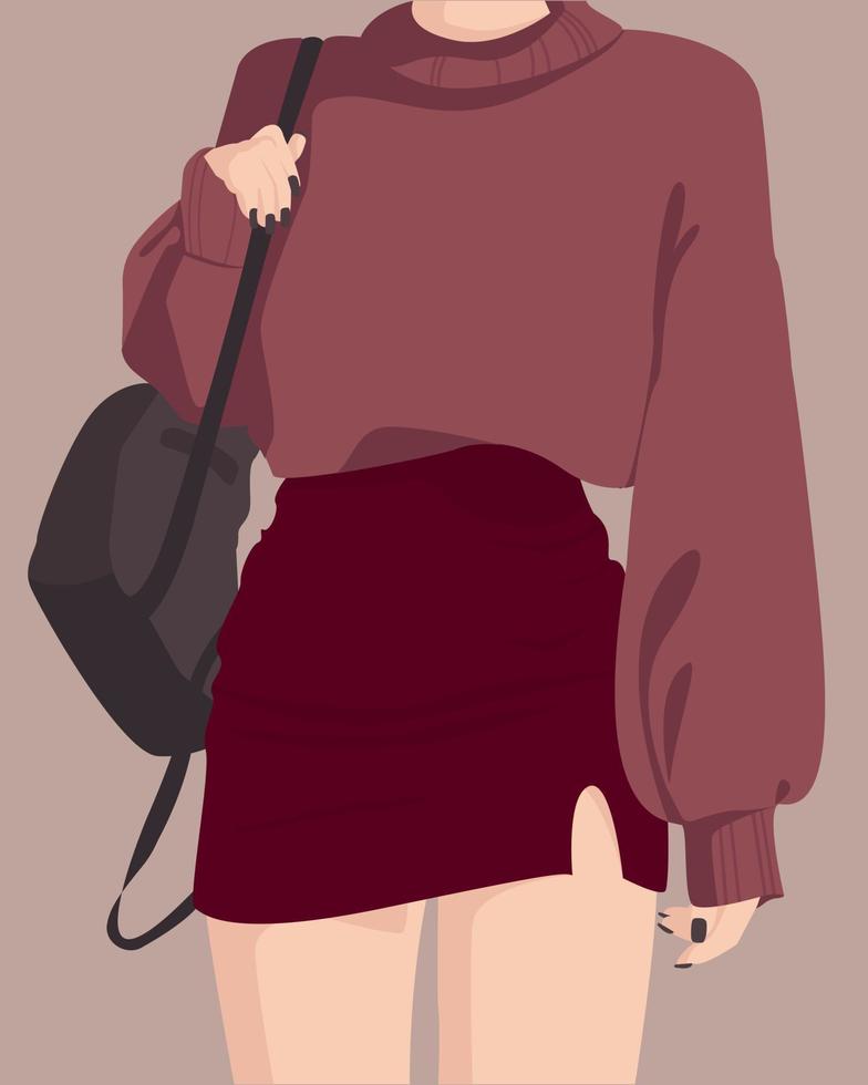 mujer de moda una chica con una elegante falda y un suéter en tonos burdeos. mochila oscura. piso sencillo. vector