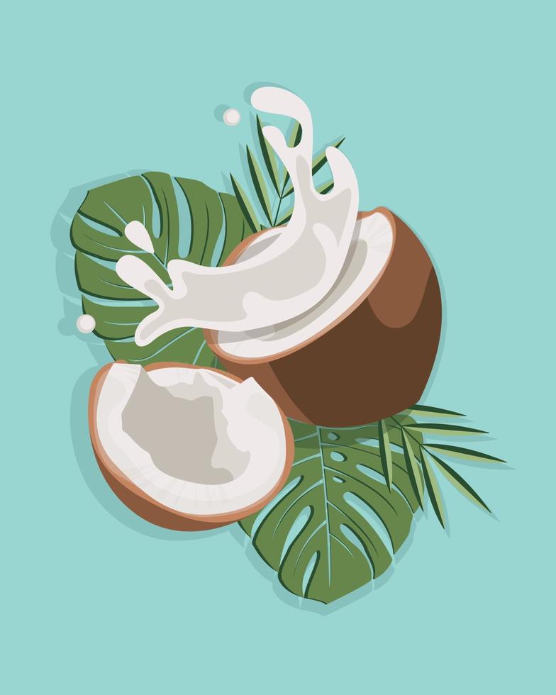 coco y hojas con salpicaduras de leche, como pancarta, afiche o plantilla. medio coco con hoja verde. vector