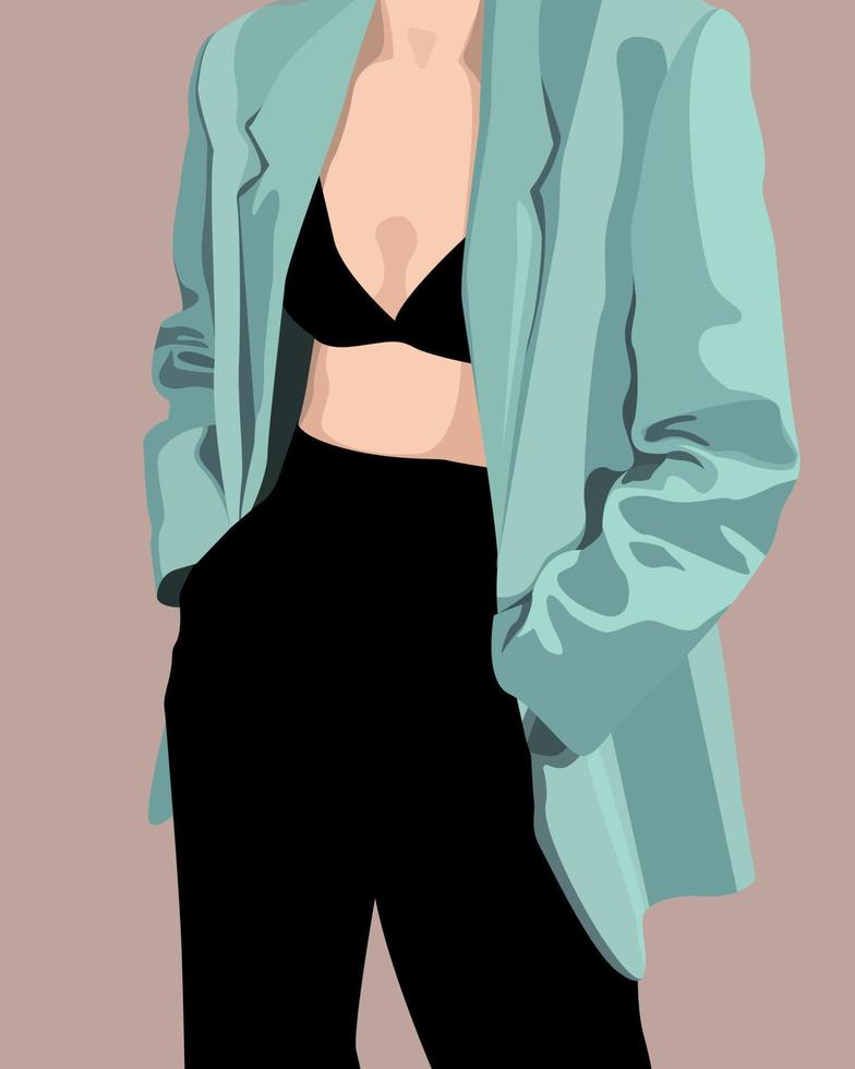 Fashion woman. A girl in an elegant turquoise jacket and black trousers.The basic wardrobe of a minimalist. Simple flat. vector