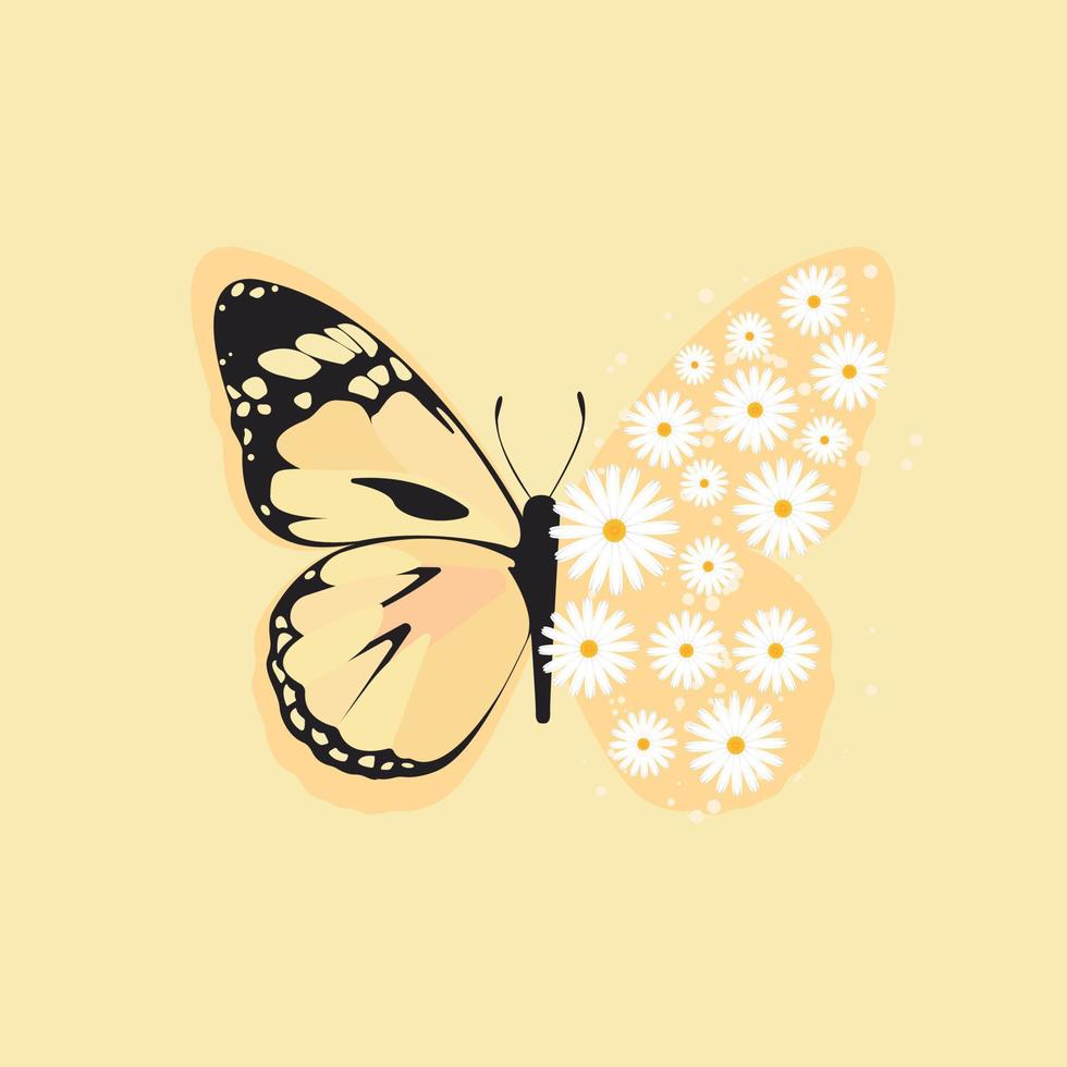 mariposas y margaritas. diseño de ilustración vectorial de diseño dibujado a mano de mariposa para gráficos de moda. piso sencillo. vector