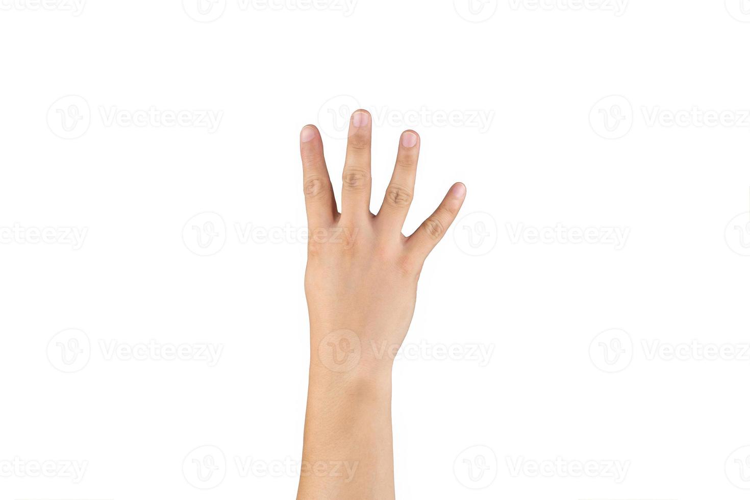 Asian back hand shows and counts 4 four sign on finger on isolated white background. Clipping path photo