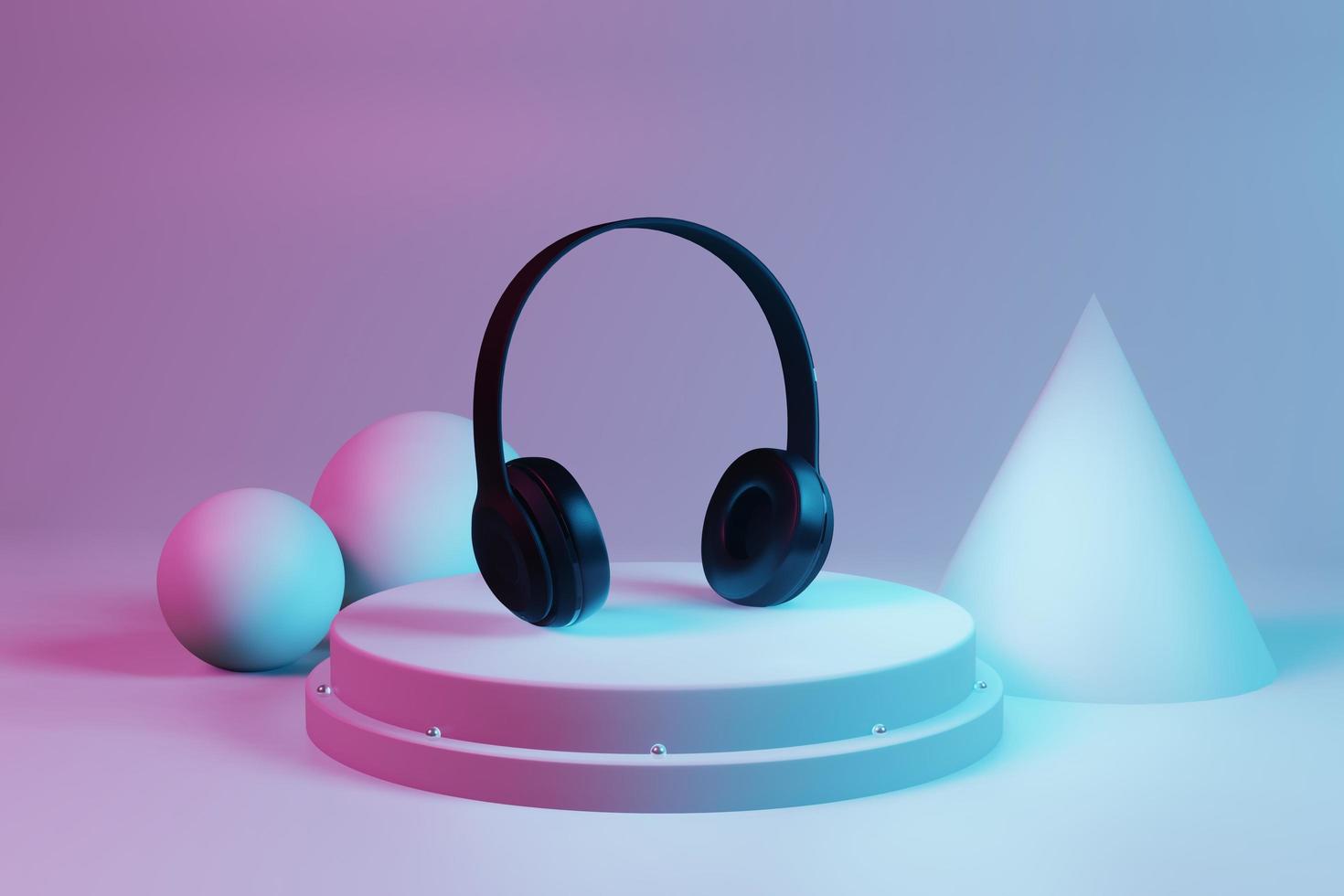 Podium with technology. A headphone in pink and purple tones and a pastel blue background. 3D rendering illustration. photo