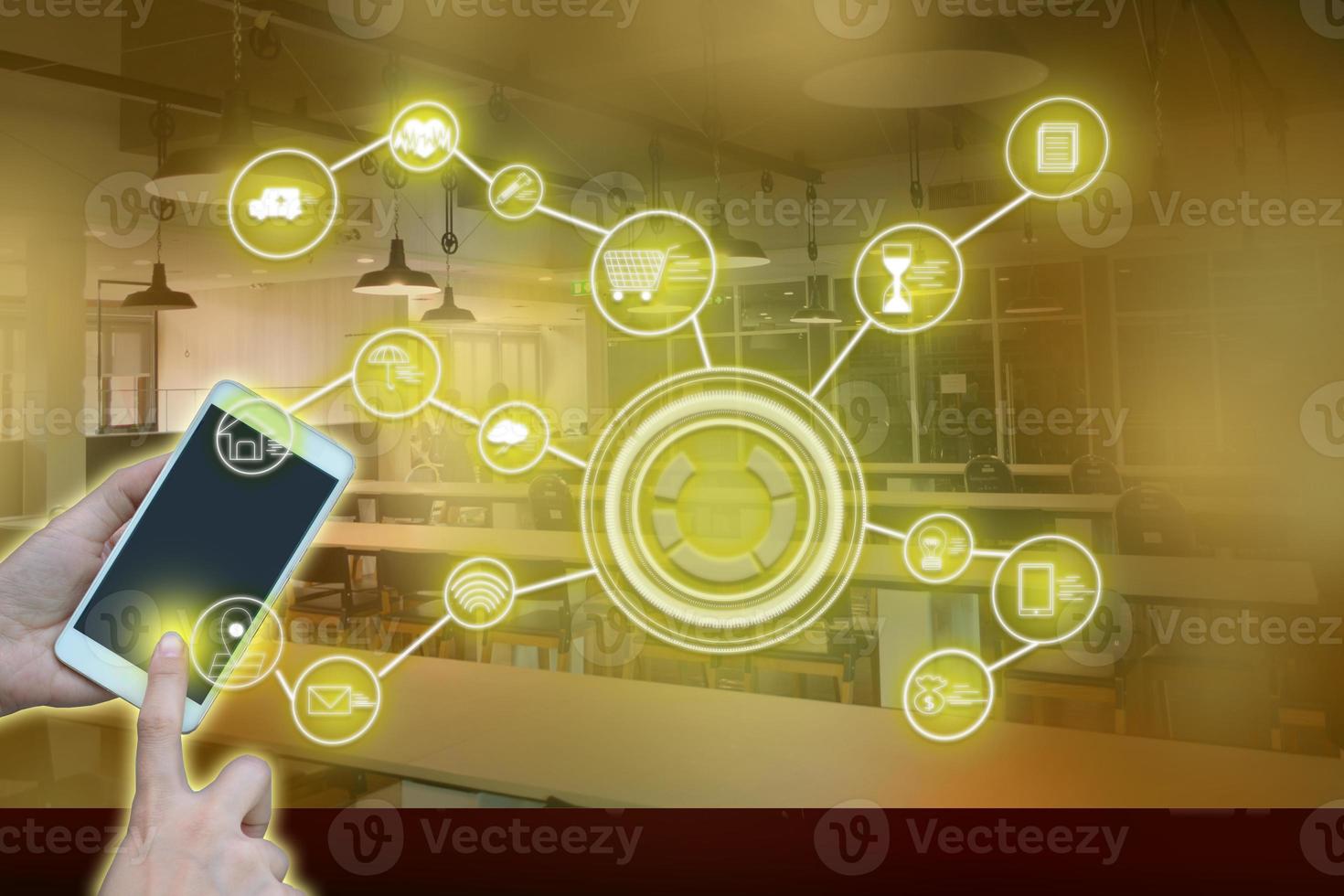 Networking icons with light glowing beautiful stylish at all. The background is a room with a pathway. The view represents the future, the mind, and the path of the people. The background is blurry. photo