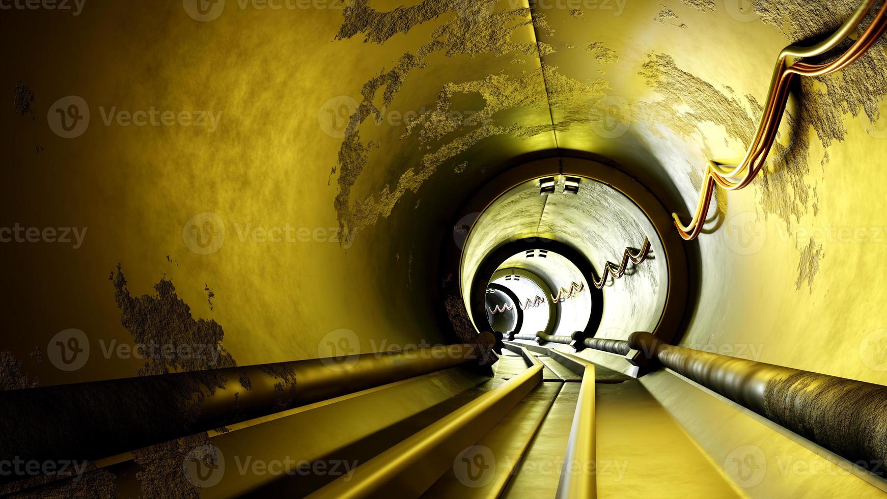 Túnel subterráneo de representación 3d iluminado al final. foto