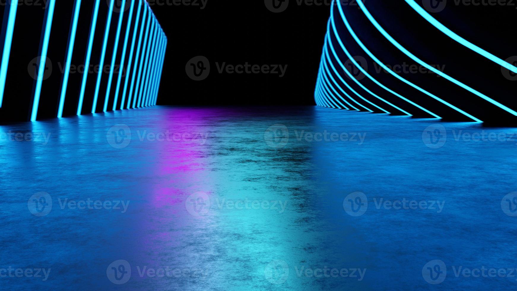 Futuristic sci-fi blue neon light shapes on black background with blank space photo