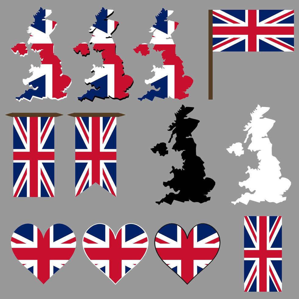 Great Britain icons. Map and flag of Great Britain. Vector illustration.