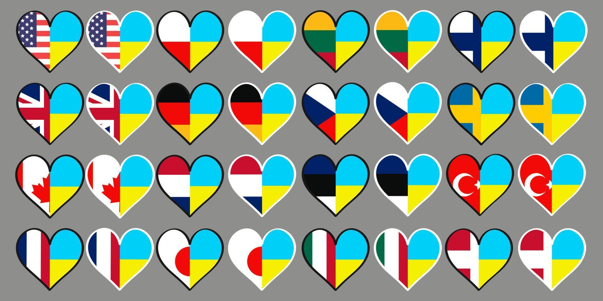 Flags of European countries, USA, Turkey, Japan in the heart with the Ukrainian flag. Vector illustration.