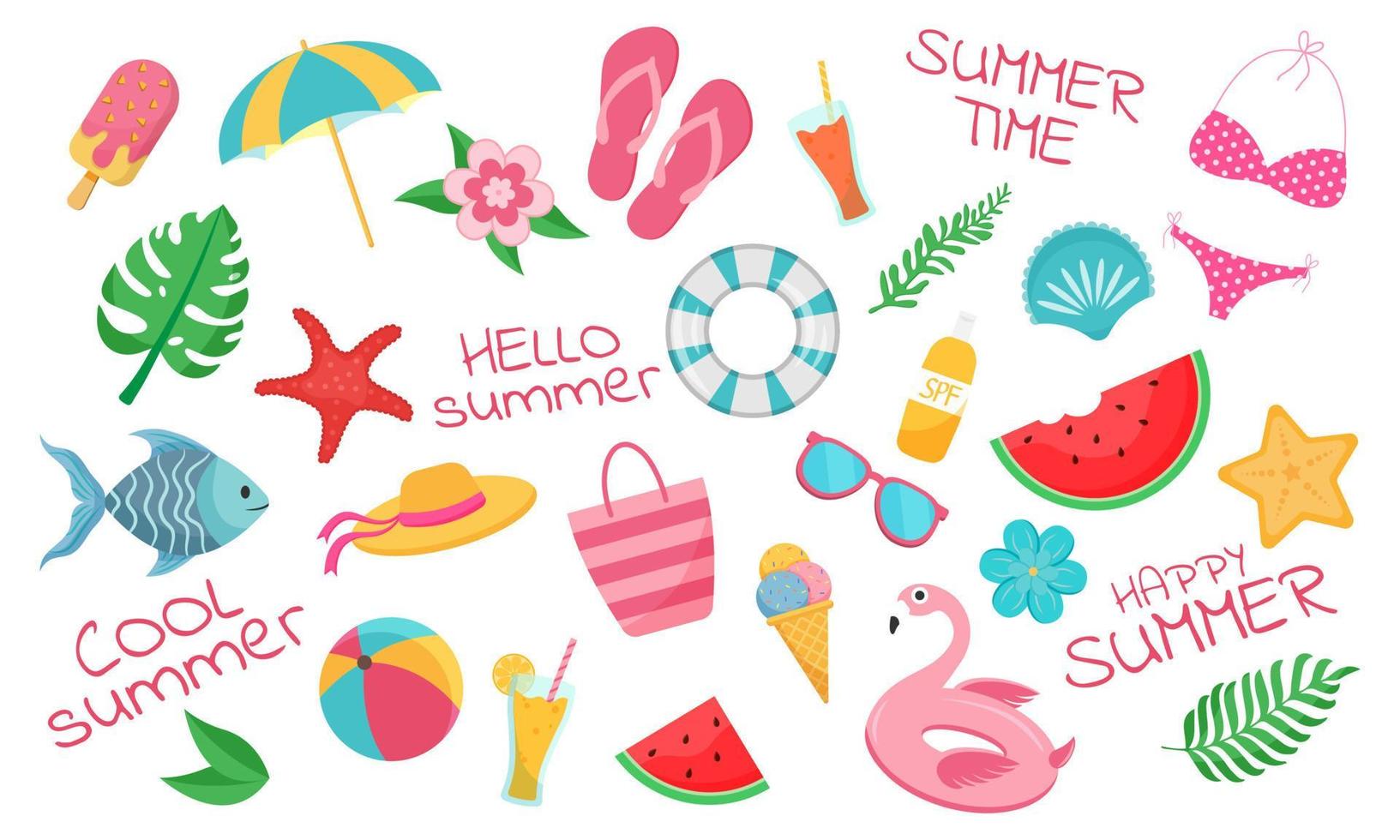 Set of summer icons with beach elements. Vector illustration.