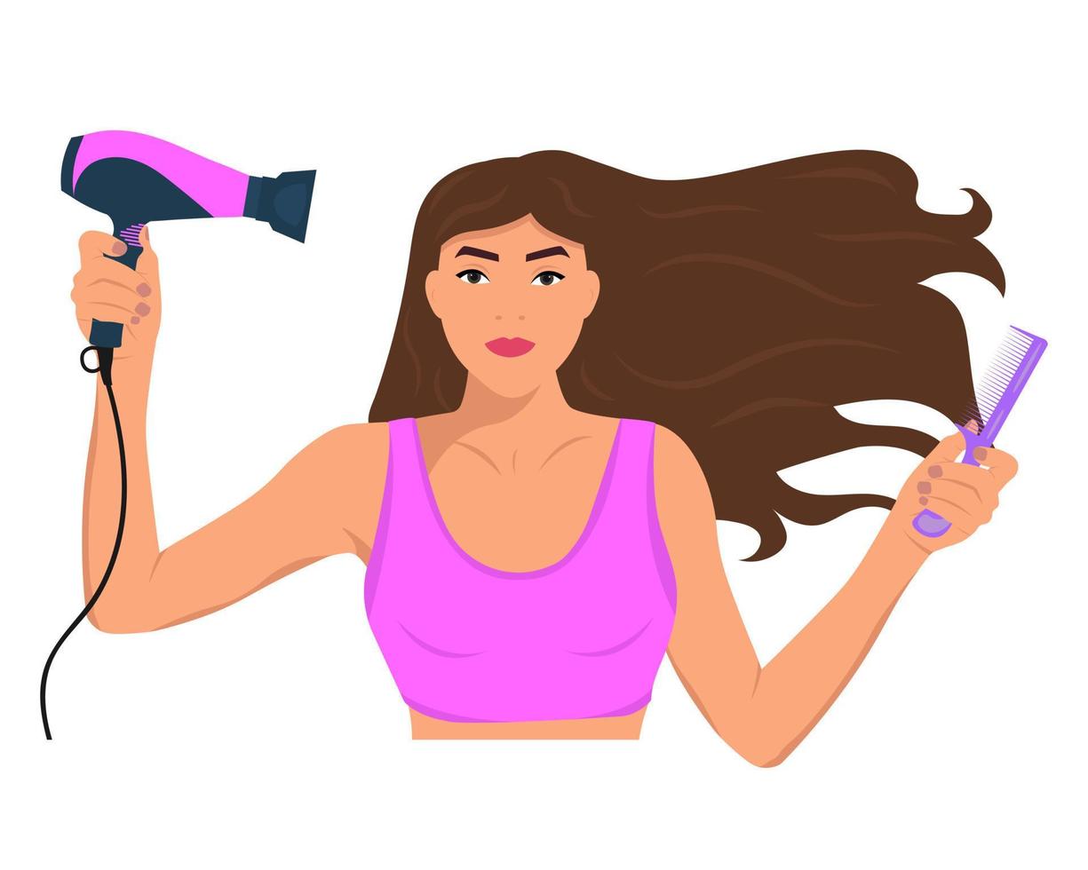 The girl dries her hair with a hair dryer. Dichnaya combs her hair. Hair care. vector