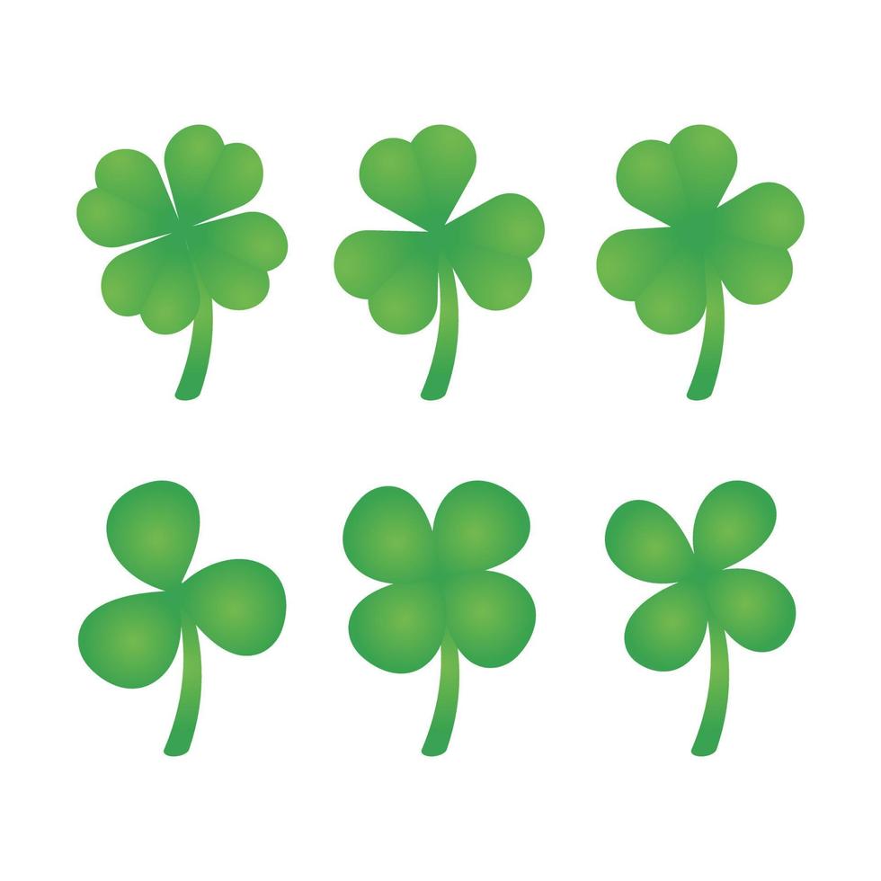 Set of green clover for design for St. Patrick's Day. Three leaves, four leaves, clover, green, stem. vector