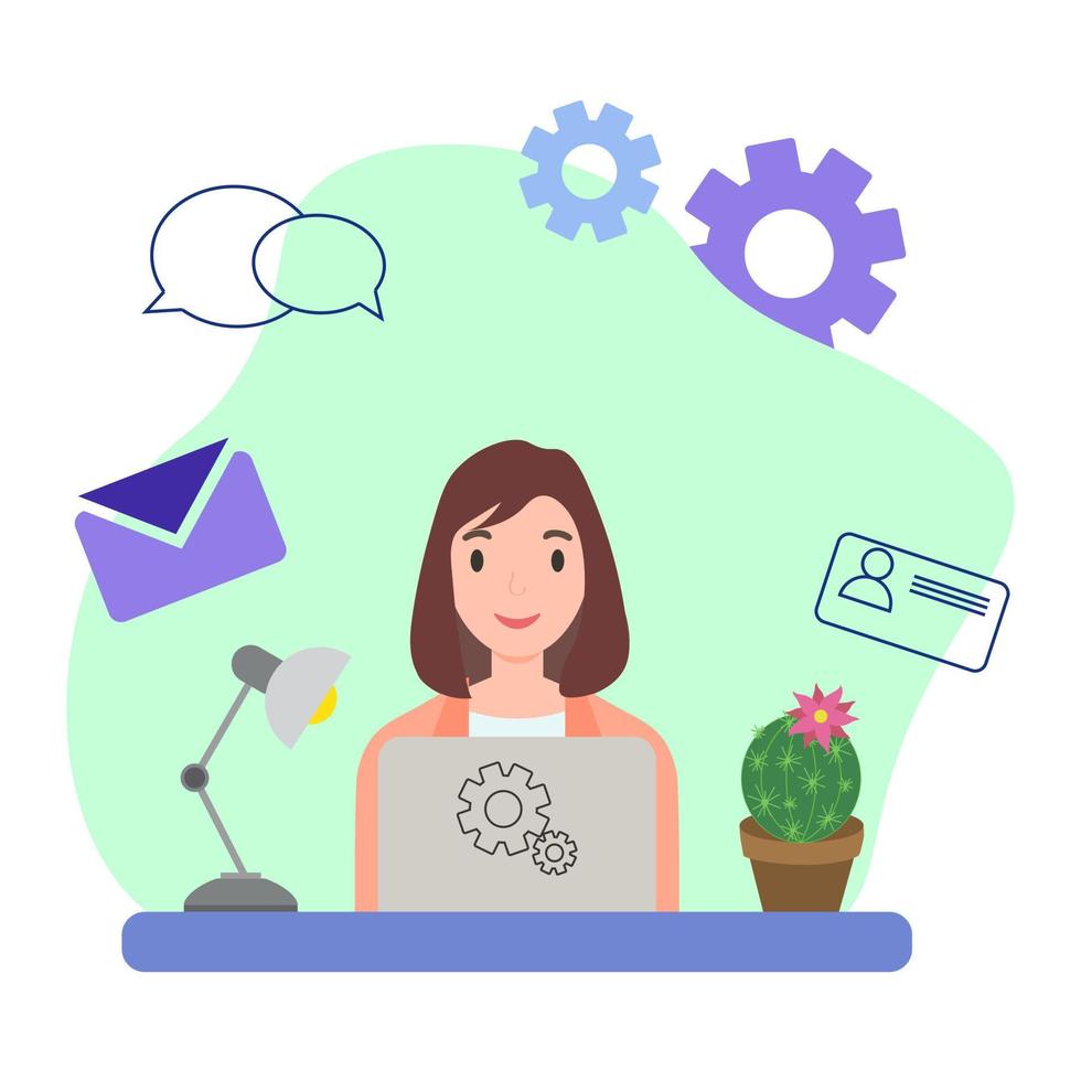 Freelancer woman with laptop studying or working. Table with laptop, cactus and table lamp. vector