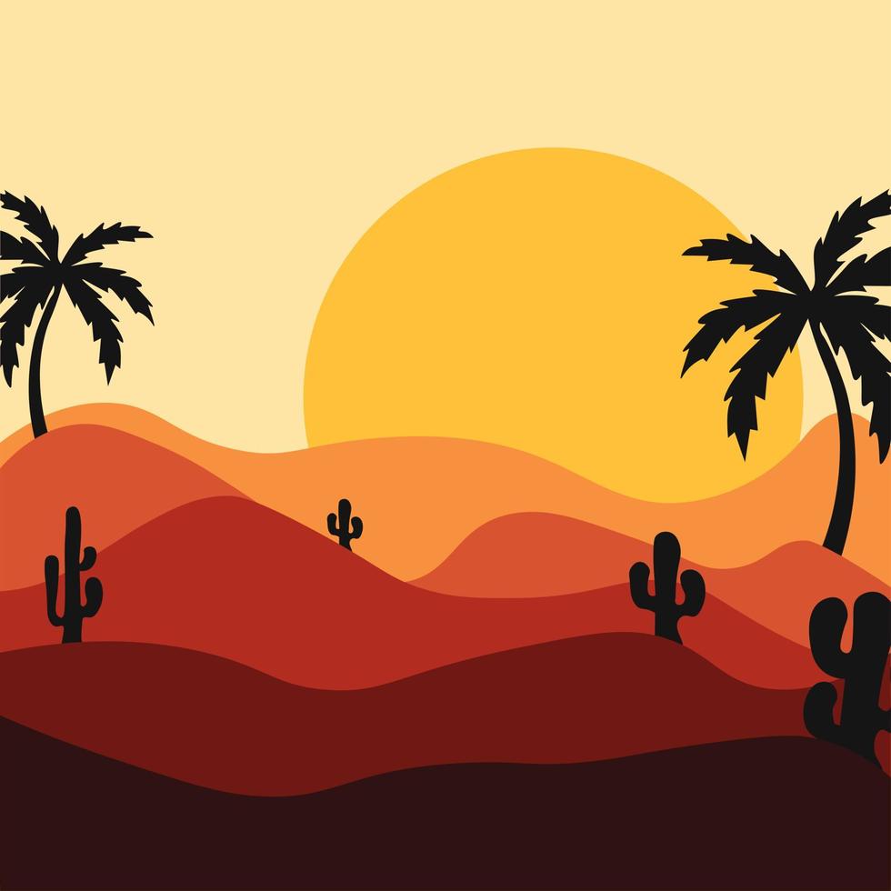 Sunset in the desert with cacti. Vector illustration.