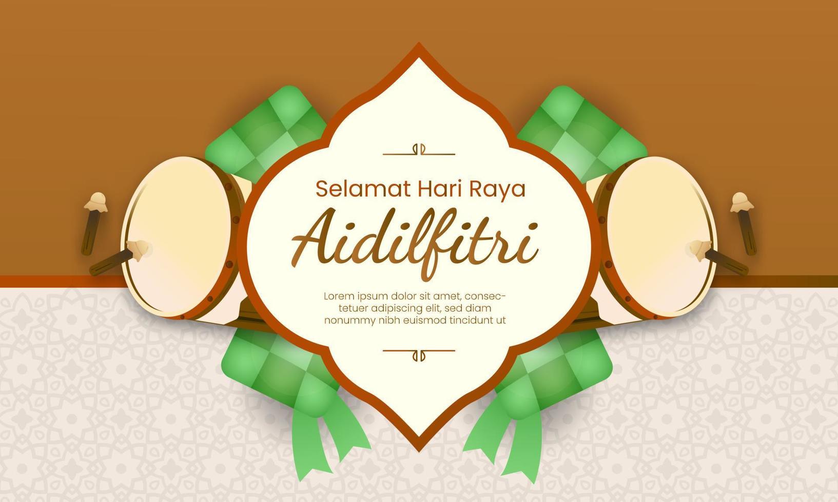 diseño selamat hari raya aidilfitri con bedug simple y elegante y ketupat para saludar vector