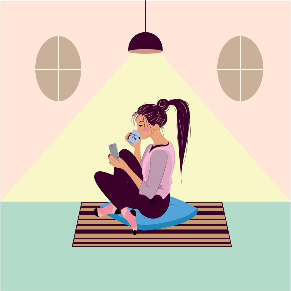 Hygge lifestyle. Girl drinking a coffee - Vector illustration