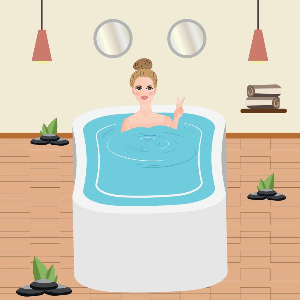 Hygge lifestyle. Girl on a jacuzzi - Vector illustration