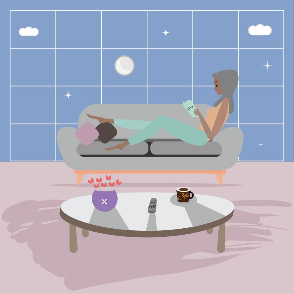 Hygge lifestyle. Girl reading a book - Vector illustration