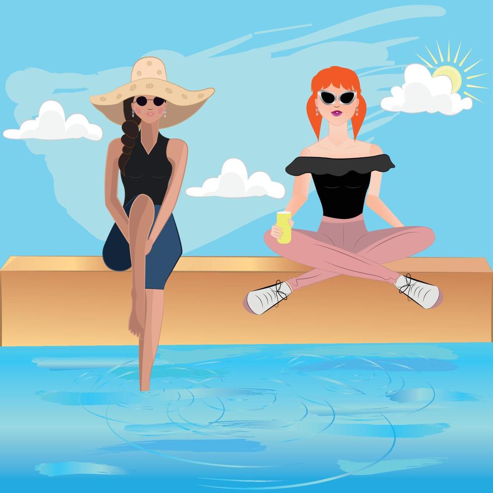 Hygge lifestyle. Girls on beach drinking soda - Vector illustration