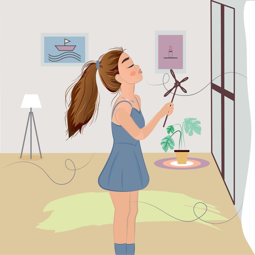 Hygge lifestyle. Girl refreshing with air - Vector illustration