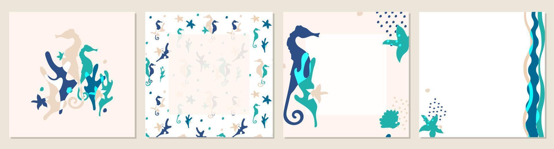 Set of templates, backgrounds and seamless pattern for social media or print with sea life illustration. Vector flat illustration.