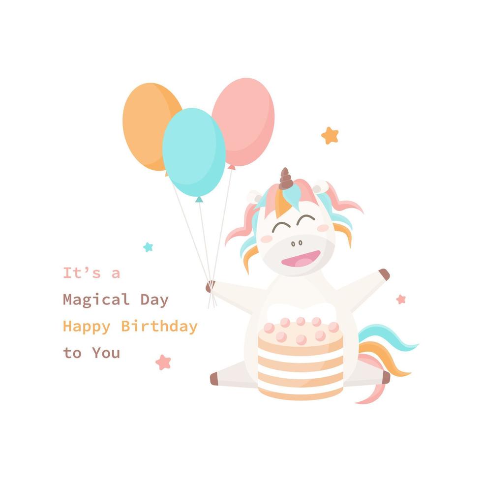 unicornio feliz con globos y pastel de cumpleaños. vector