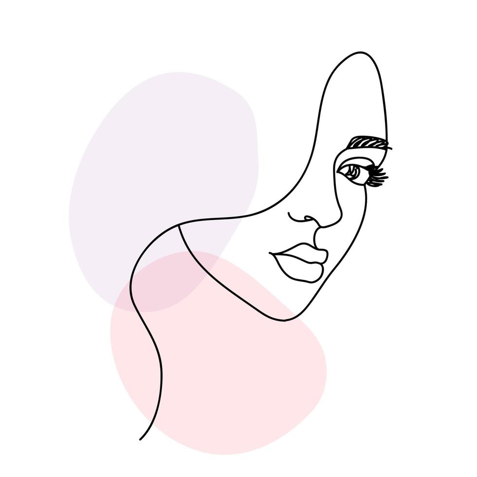 Woman face portrait in continuous one line drawing style. Minimalist modern art with abstract shapes. Vector illustration for product design.