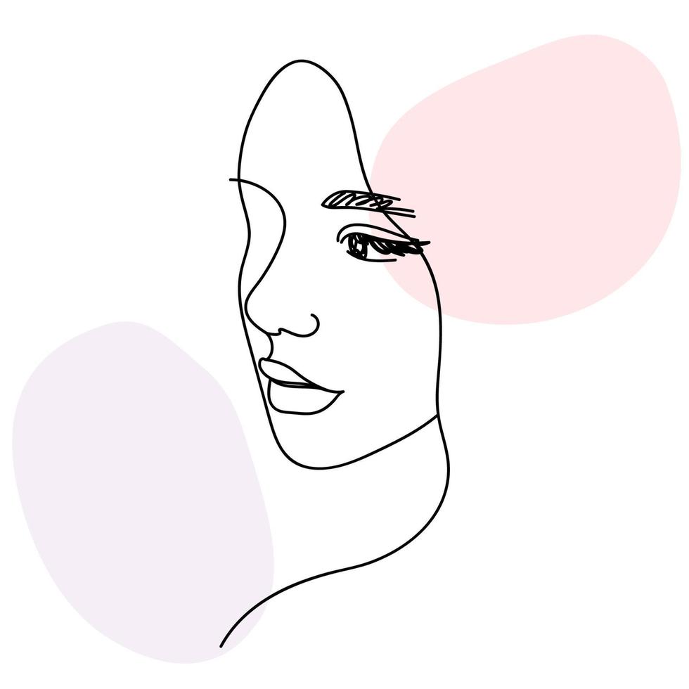 Woman face portrait in minimalist aesthetic style. Continuous one line drawing with abstract shapes. Vector illustration for design.