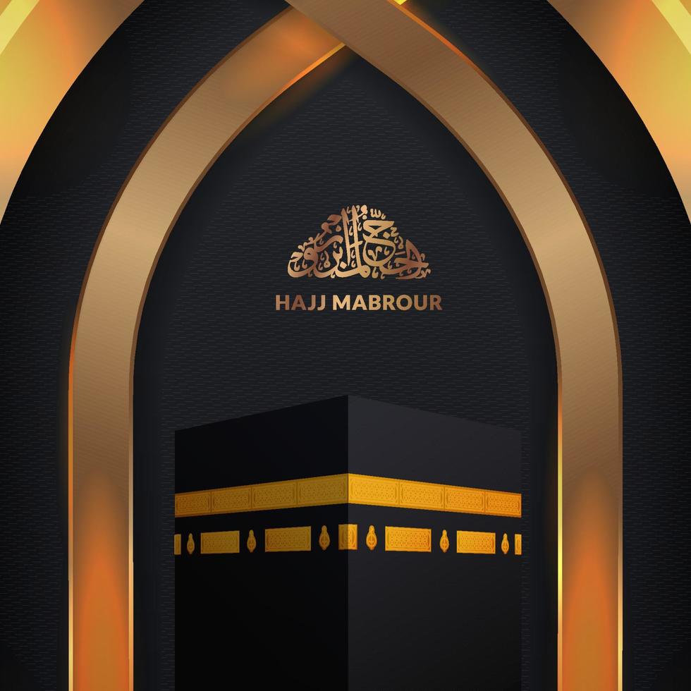 Hajj mabrour arabic calligraphy with 3d kaaba building for islamic religion with dark black greeting card template vector