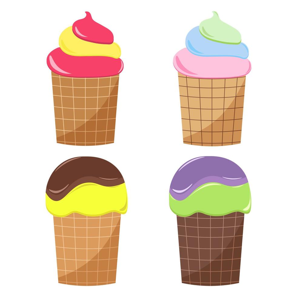 Set of ice cream in a waffle cup. Vector illustration.