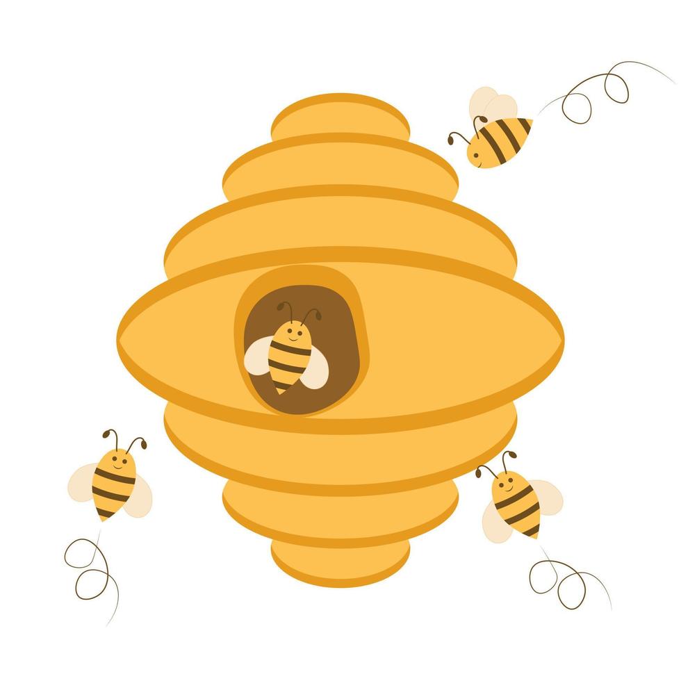 Yellow bee hive with bees on a white background. Vector illustration.