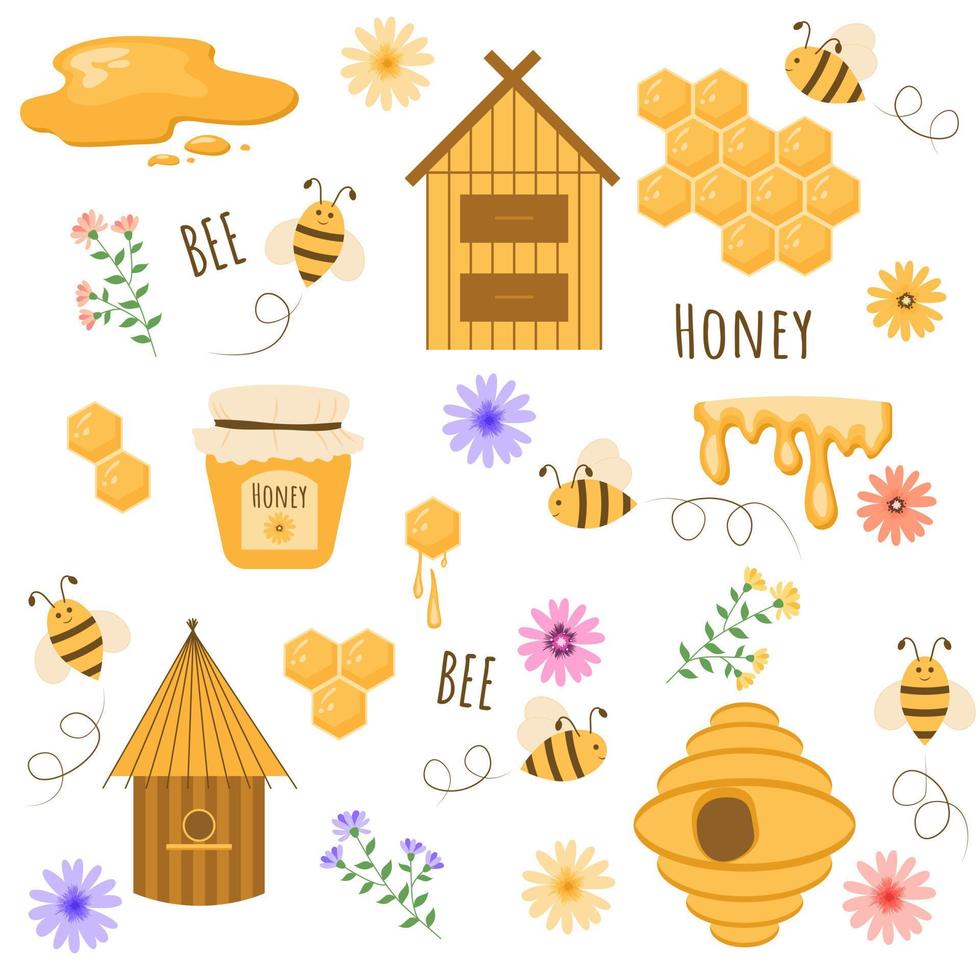 conjunto de miel. apicultura. colmenar de dibujos animados. ilustración de colmena, abejas, miel, flores. vector