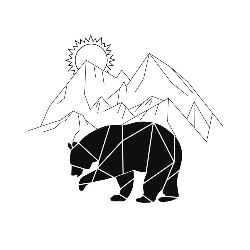 Bear. Drawing of a bear in the mountains with geometric shapes. Print for clothes, interior. Vector illustration.