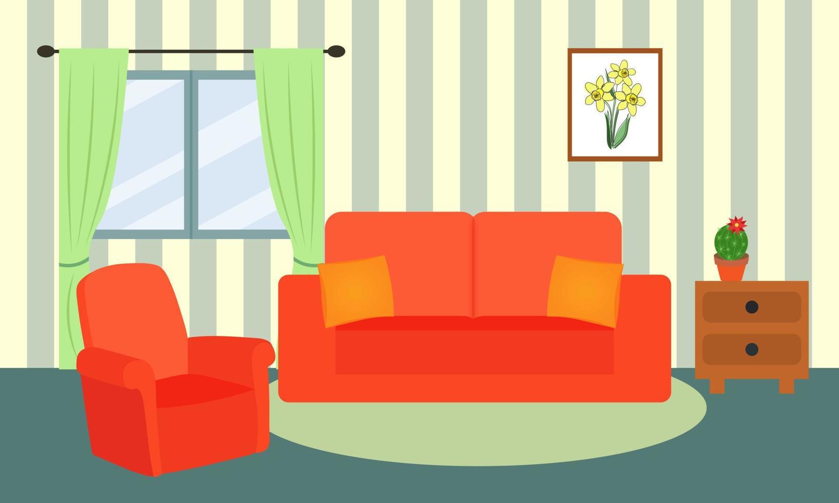 interior de la sala de estar. cómodo sofá, sillón, ventana y plantas de interior. ilustración vectorial vector