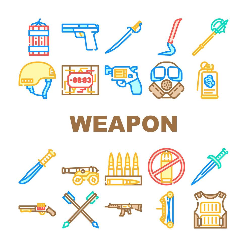 arma, militar, ejército, equipo, iconos, conjunto, vector