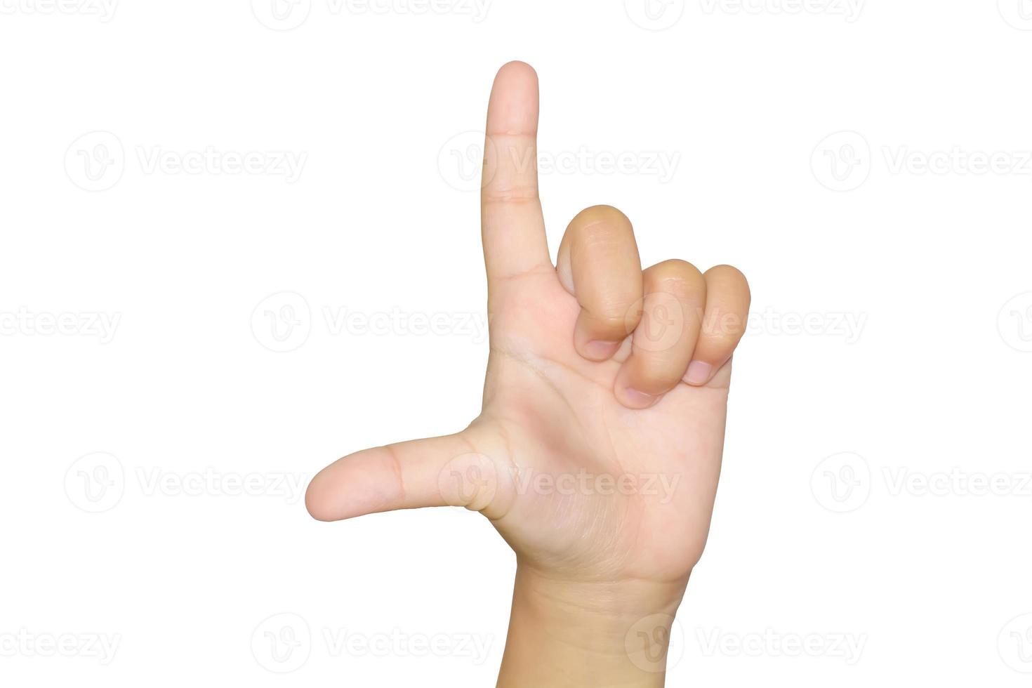 Girl finger sign a gun or loser on white backgrounds. photo