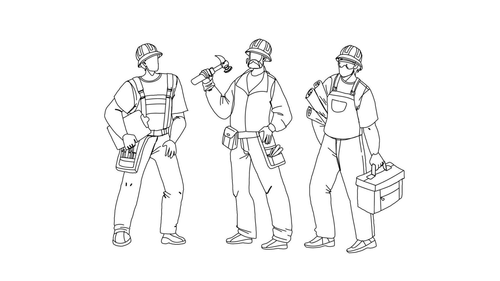 Builders With Building Equipment And Plan Vector