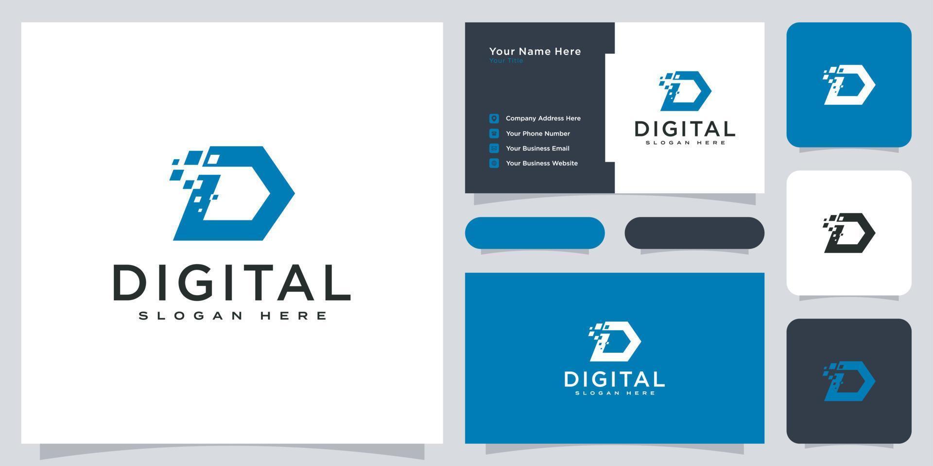 initials letter D digital logo vector design and business card