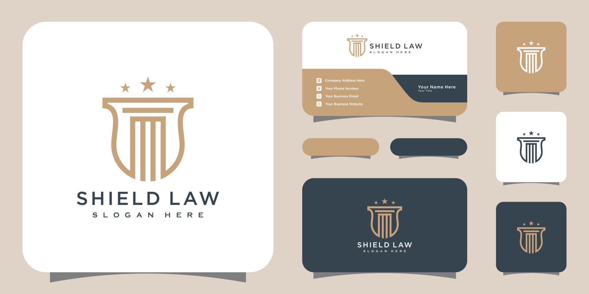 vector de diseño de logotipo de bufete de abogados y escudo y tarjeta de visita