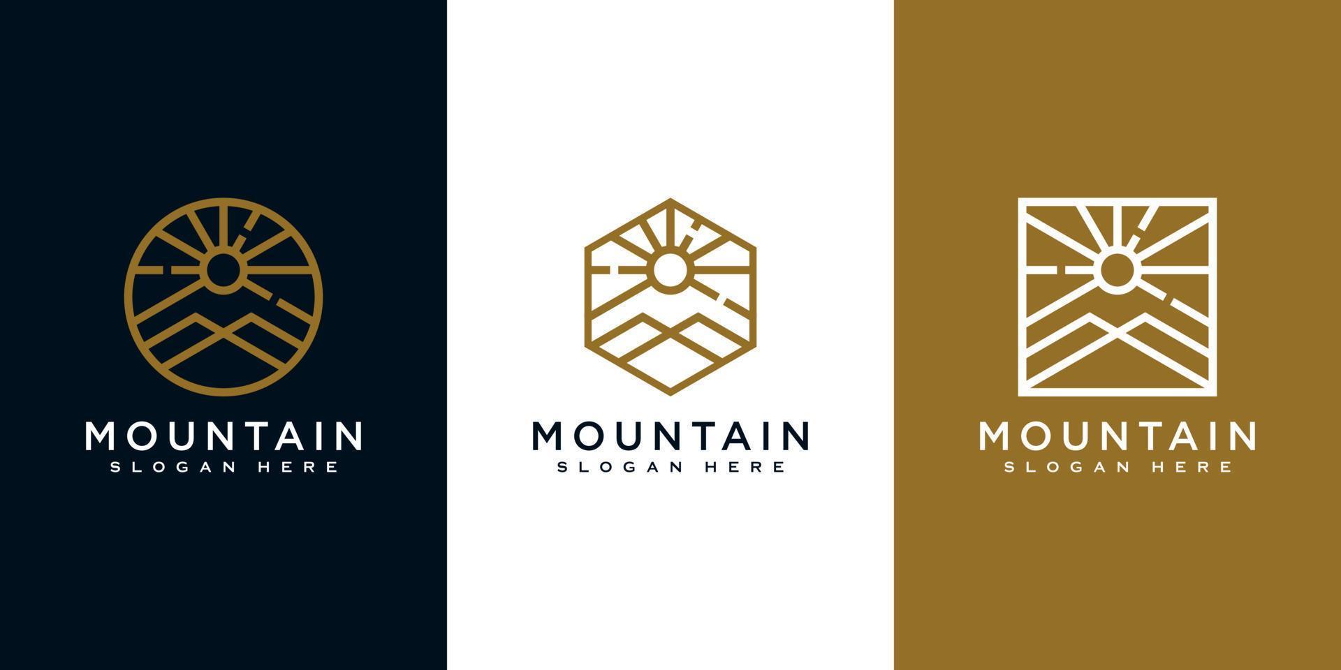 conjunto de montaña con diseño de logotipo de luz solar vector