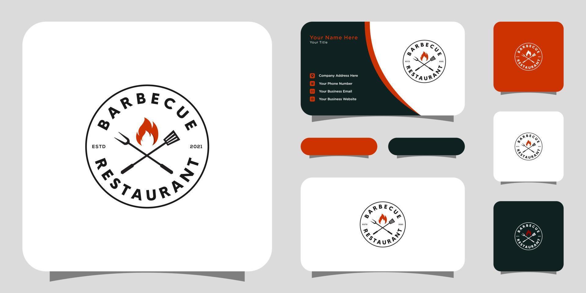 barbecue with fork and fire flame logo and business card vector