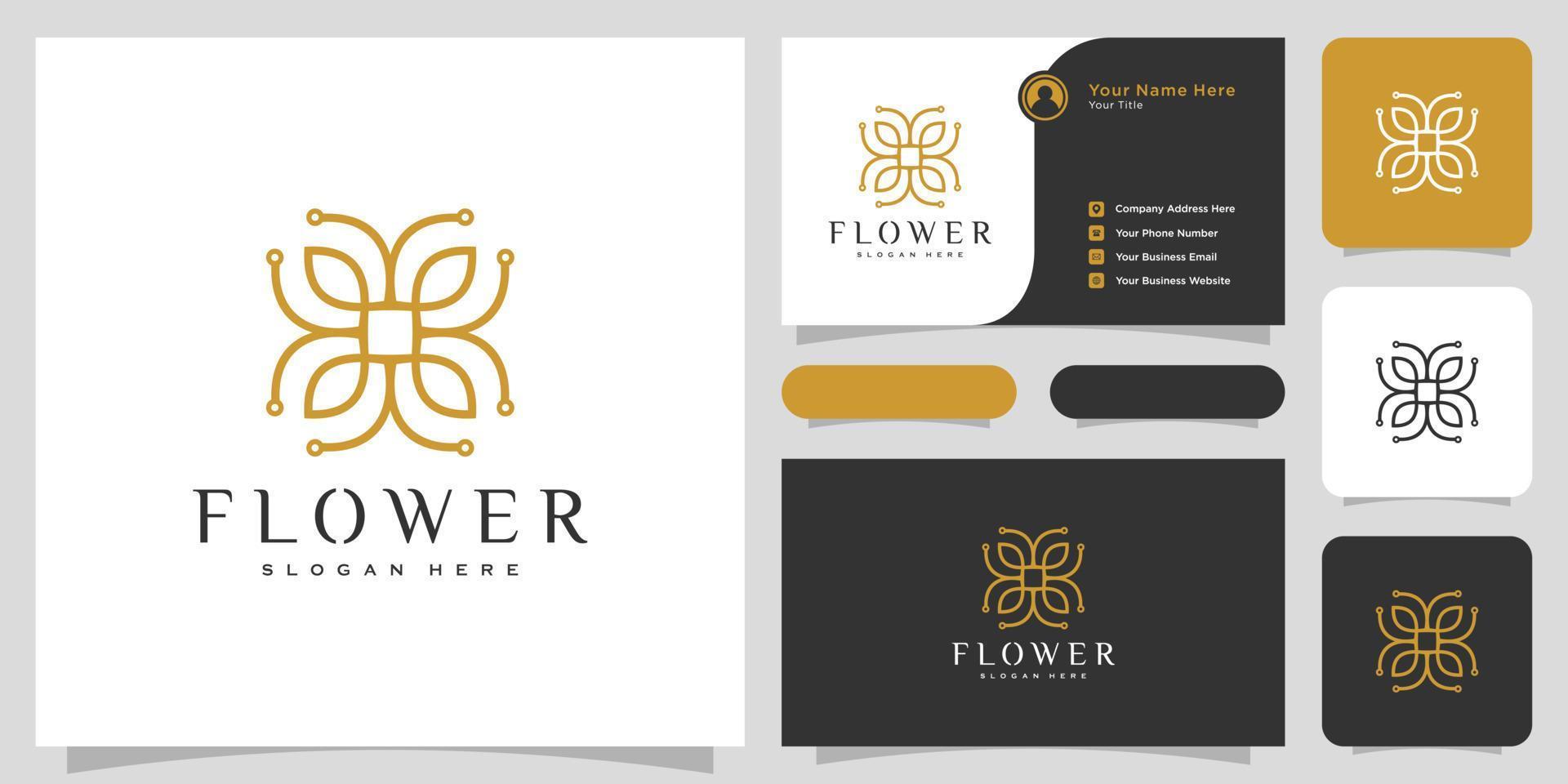 Flower mono line luxury logo with business card design vector