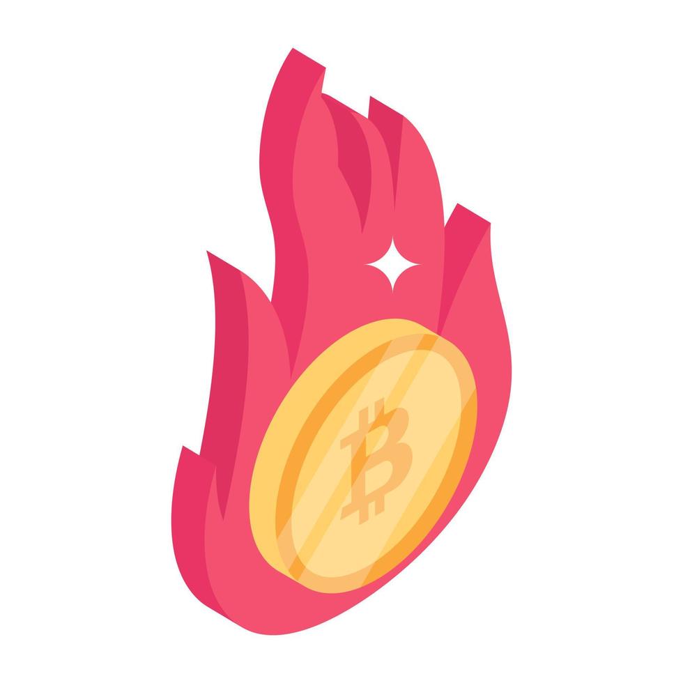 moneda con fuego, icono isométrico de pérdida de bitcoin vector