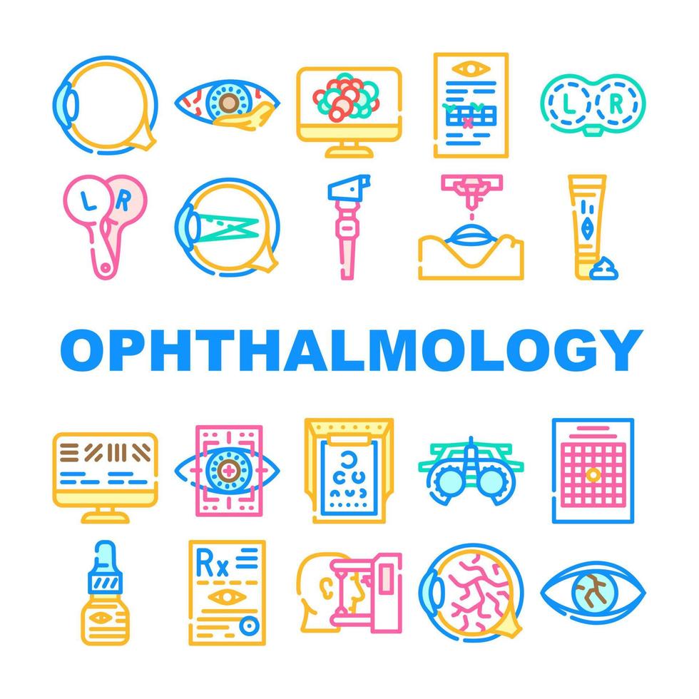 oftalmología enfermedad ocular tratar iconos establecer vector