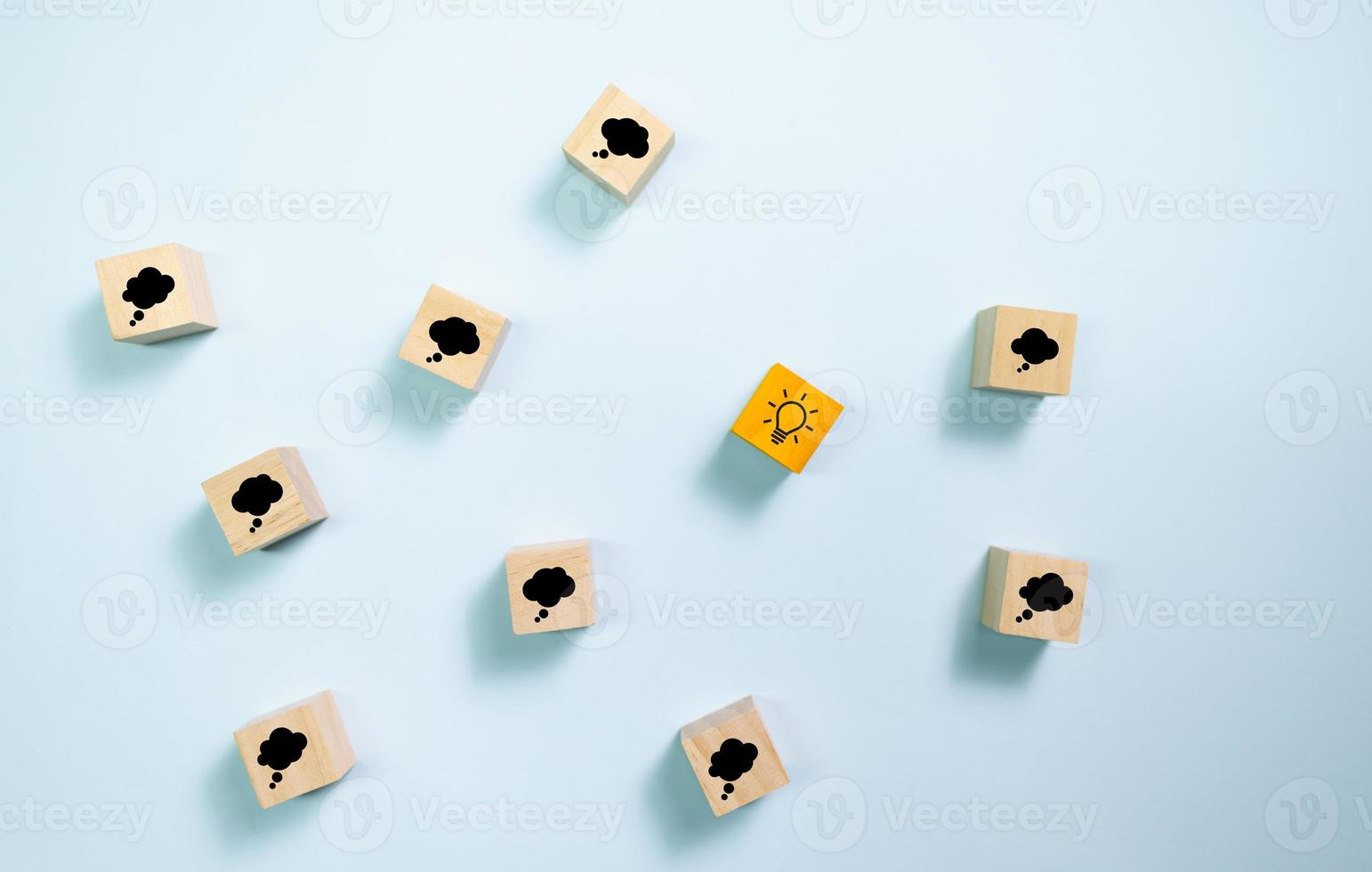 Top view wooden blocks with thinking bubble and idea. Concept for creative and brainstorm. photo