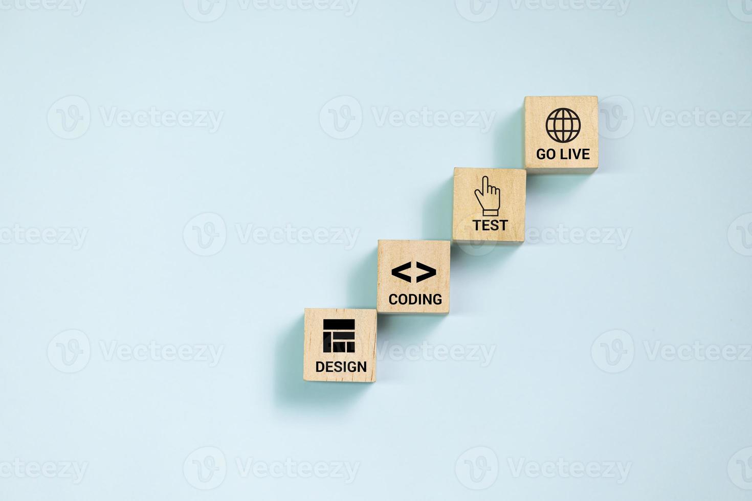 Top view wooden blocks set to step with software development. Concept for online and soft dev. photo