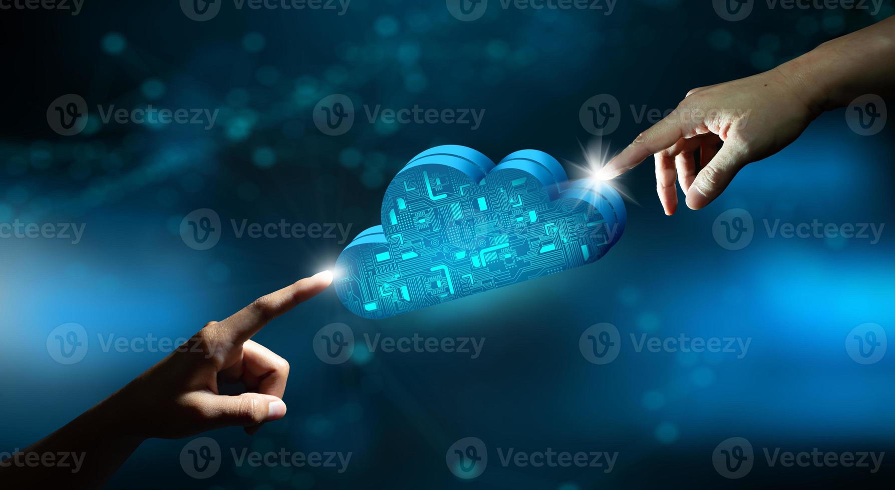 Businessman hand pointing Cloud computing technology internet storage network. photo